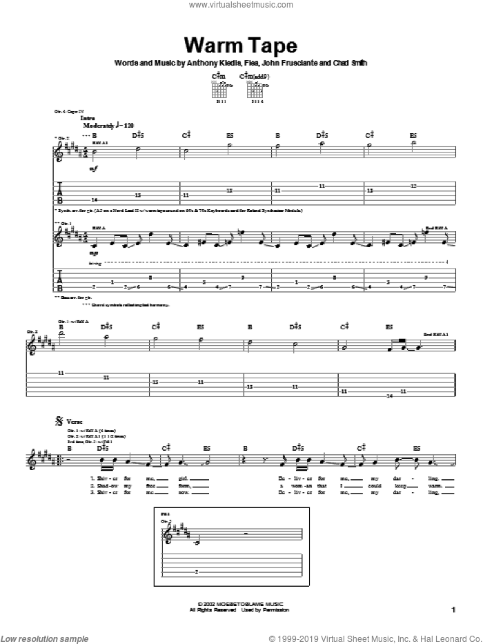 Warm Tape sheet music for guitar (tablature) by Red Hot Chili Peppers, Anthony Kiedis, Flea and John Frusciante, intermediate skill level