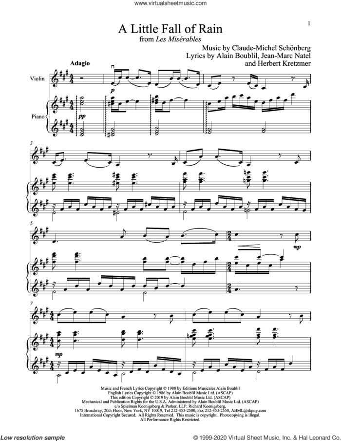 A Little Fall Of Rain (from Les Miserables) sheet music for violin and piano by Alain Boublil, Boublil and Schonberg, Claude-Michel Schonberg, Claude-Michel Schonberg, Herbert Kretzmer and Jean-Marc Natel, intermediate skill level