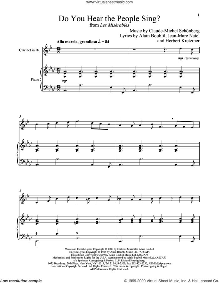 Do You Hear The People Sing? (from Les Miserables) sheet music for clarinet and piano by Alain Boublil, Boublil and Schonberg, Claude-Michel Schonberg, Claude-Michel Schonberg, Herbert Kretzmer and Jean-Marc Natel, intermediate skill level