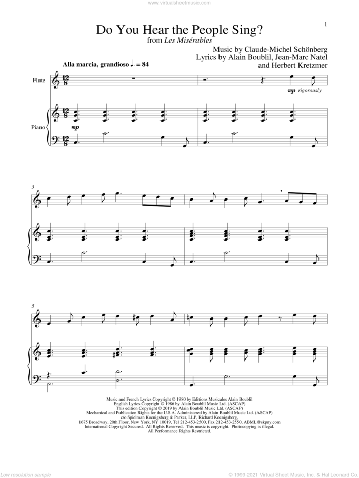 Do You Hear The People Sing? (from Les Miserables) sheet music for flute and piano by Alain Boublil, Boublil and Schonberg, Claude-Michel Schonberg, Claude-Michel Schonberg, Herbert Kretzmer and Jean-Marc Natel, intermediate skill level
