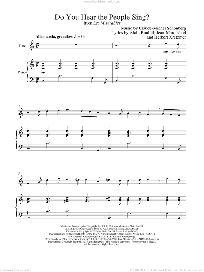 Do You Hear The People Sing? (from Les Miserables) sheet music for flute and piano by Alain Boublil, Boublil and Schonberg, Claude-Michel Schonberg, Claude-Michel Schonberg, Herbert Kretzmer and Jean-Marc Natel, intermediate skill level