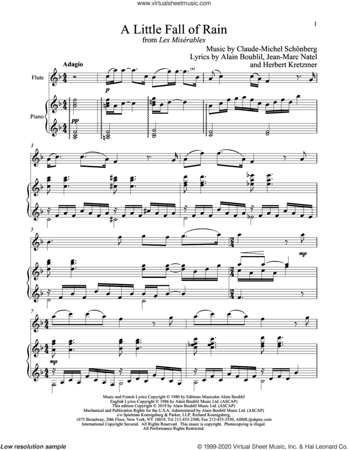 A Little Fall Of Rain (from Les Miserables) sheet music for flute and piano by Alain Boublil, Boublil and Schonberg, Claude-Michel Schonberg, Claude-Michel Schonberg, Herbert Kretzmer and Jean-Marc Natel, intermediate skill level