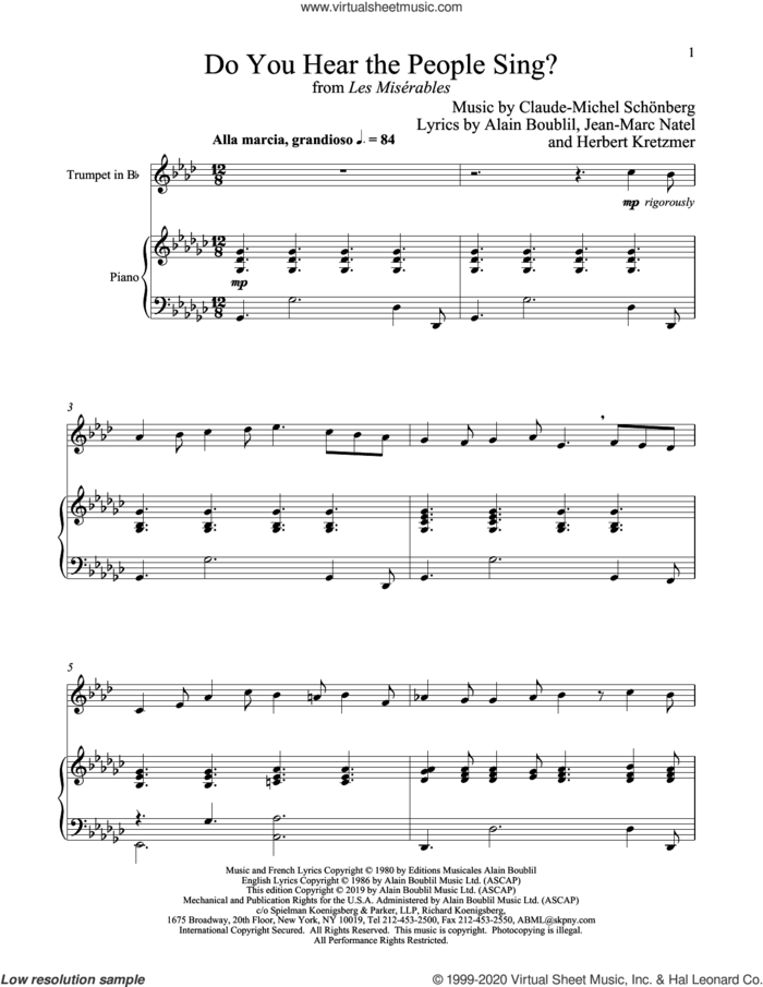 Do You Hear The People Sing? (from Les Miserables) sheet music for trumpet and piano by Alain Boublil, Boublil and Schonberg, Claude-Michel Schonberg, Claude-Michel Schonberg, Herbert Kretzmer and Jean-Marc Natel, intermediate skill level