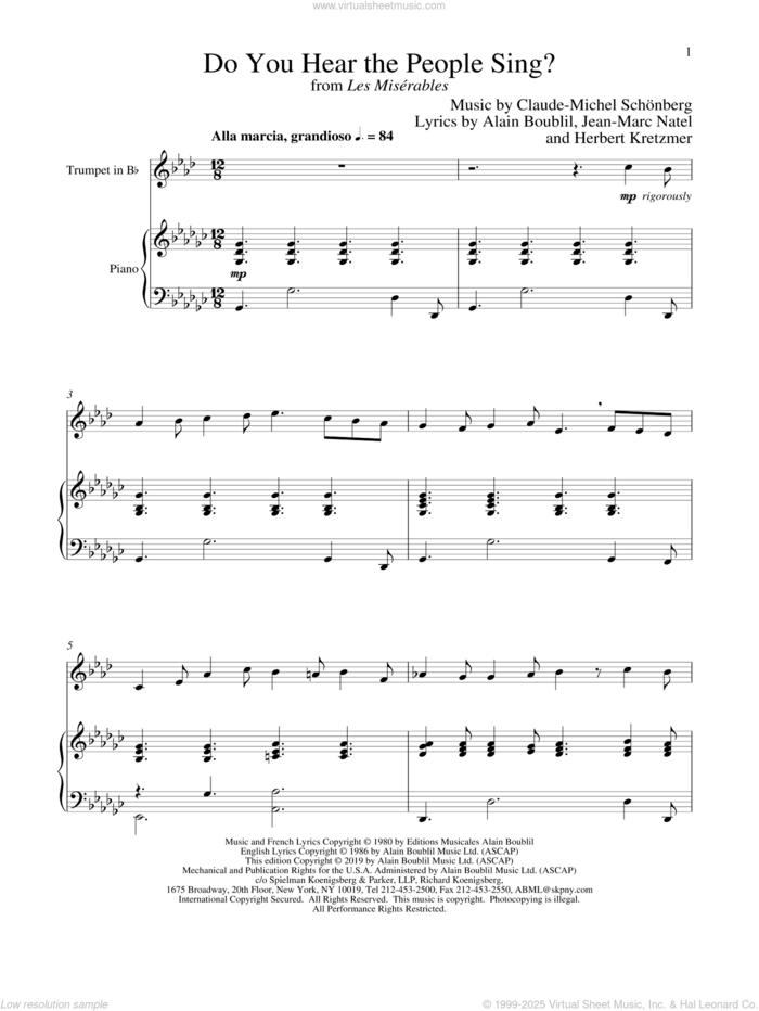 Do You Hear The People Sing? (from Les Miserables) sheet music for trumpet and piano by Alain Boublil, Boublil and Schonberg, Claude-Michel Schonberg, Claude-Michel Schonberg, Herbert Kretzmer and Jean-Marc Natel, intermediate skill level