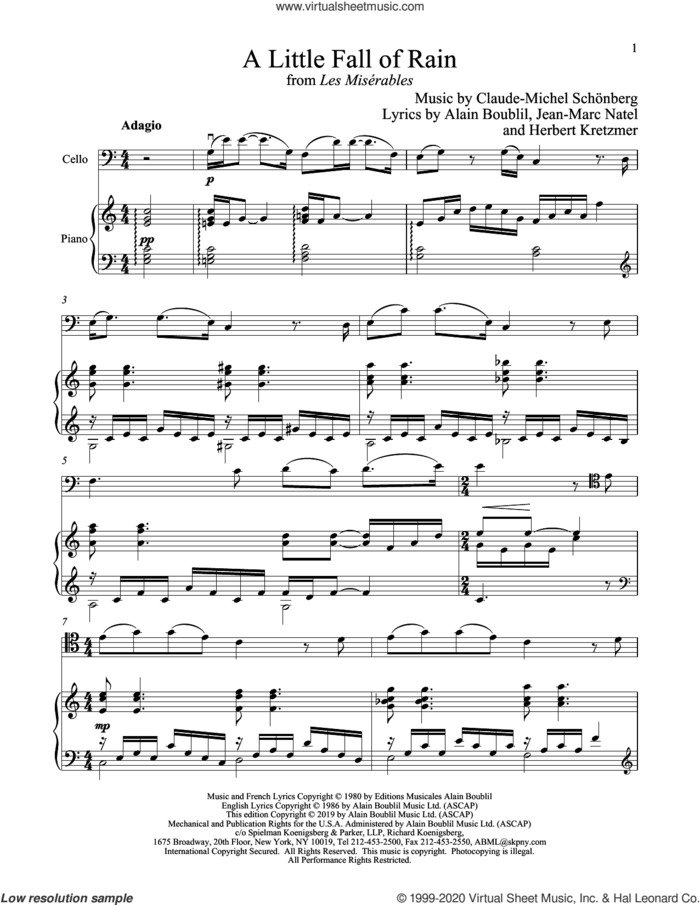 A Little Fall Of Rain (from Les Miserables) sheet music for cello and piano by Alain Boublil, Boublil and Schonberg, Claude-Michel Schonberg, Claude-Michel Schonberg, Herbert Kretzmer and Jean-Marc Natel, intermediate skill level