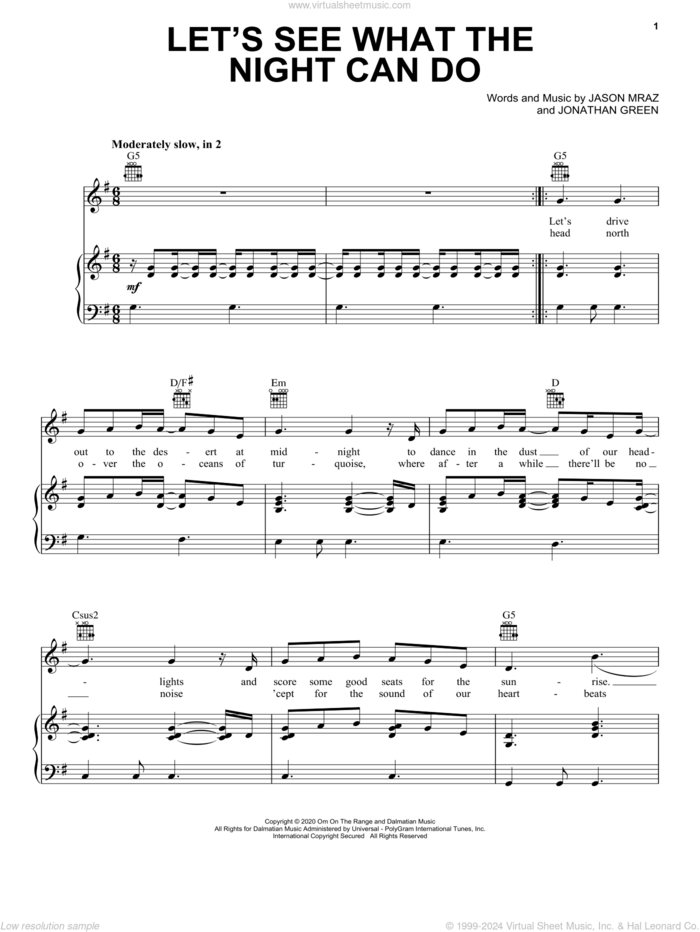 Let's See What The Night Can Do sheet music for voice, piano or guitar by Jason Mraz and Jonathan Green, intermediate skill level