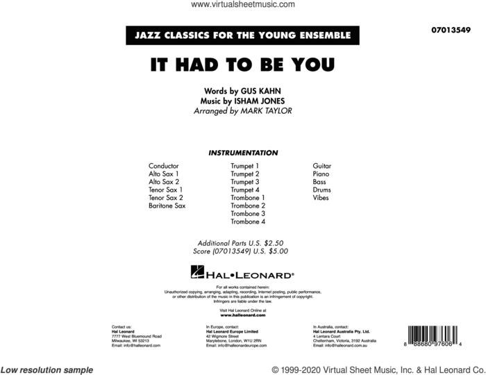 It Had to Be You (arr. Mark Taylor) (COMPLETE) sheet music for jazz band by Gus Kahn, Isham Jones, Isham Jones and Gus Kahn and Mark Taylor, intermediate skill level