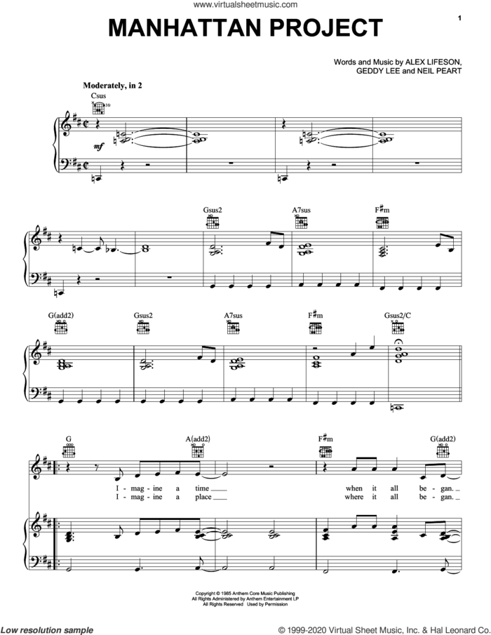 Manhattan Project sheet music for voice, piano or guitar by Rush, Alex Lifeson, Geddy Lee and Neil Peart, intermediate skill level