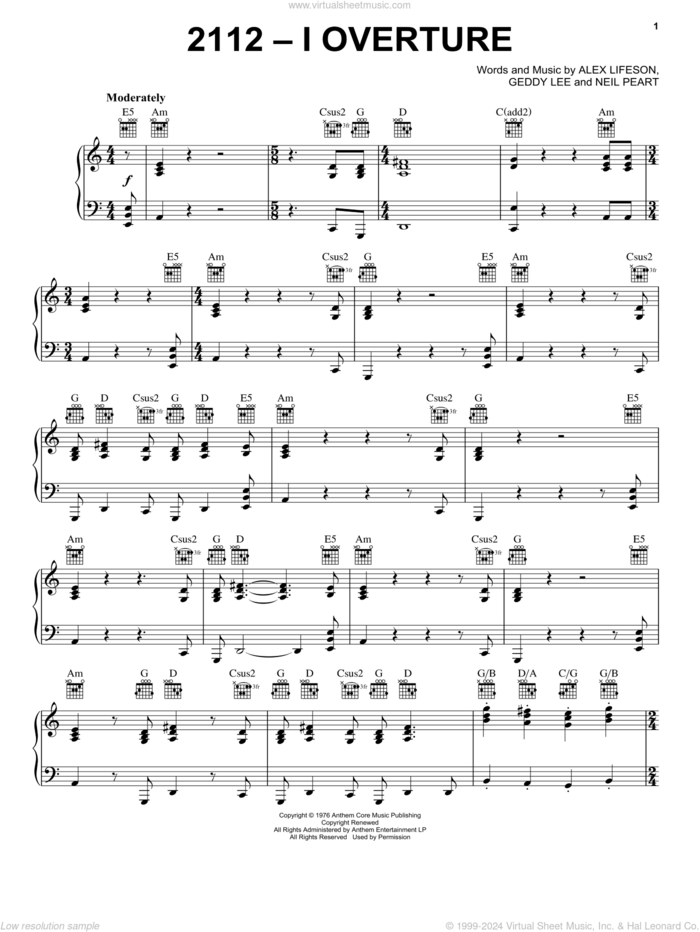 2112 - I. Overture sheet music for voice, piano or guitar by Rush, Alex Lifeson, Geddy Lee and Neil Peart, intermediate skill level