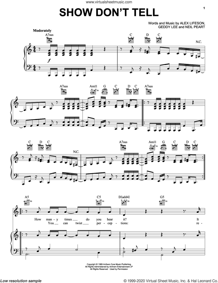 Show Don't Tell sheet music for voice, piano or guitar by Rush, Alex Lifeson, Geddy Lee and Neil Peart, intermediate skill level