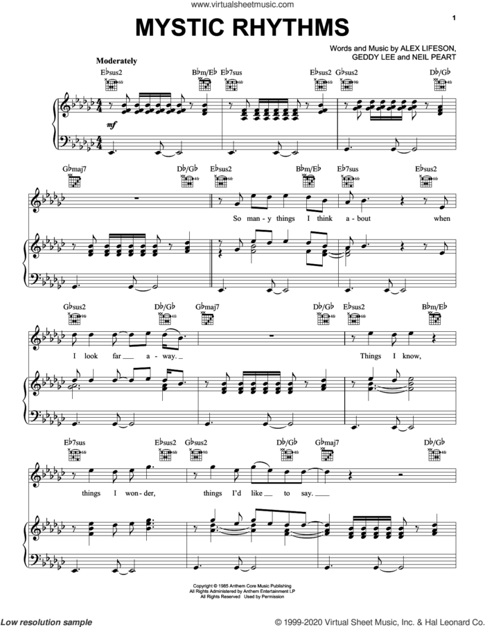 Mystic Rhythms sheet music for voice, piano or guitar by Rush, Alex Lifeson, Geddy Lee and Neil Peart, intermediate skill level