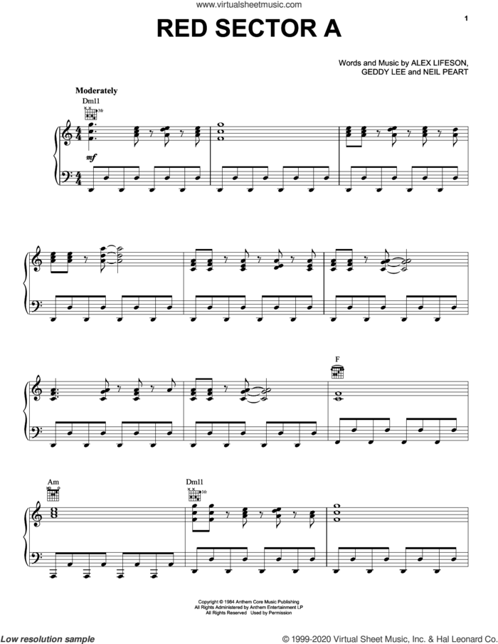 Red Sector A sheet music for voice, piano or guitar by Rush, Alex Lifeson, Geddy Lee and Neil Peart, intermediate skill level