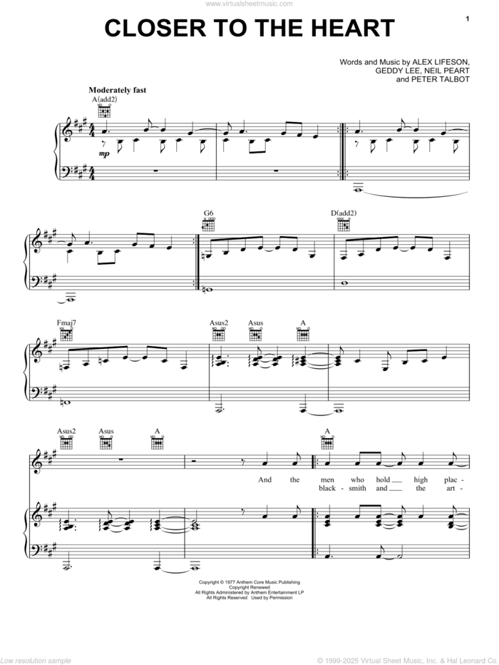 Closer To The Heart sheet music for voice, piano or guitar (PDF)