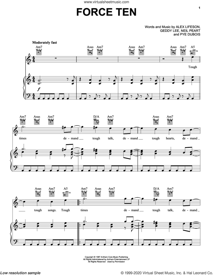 Force Ten sheet music for voice, piano or guitar by Rush, Alex Lifeson, Geddy Lee, Neil Peart and Pye Dubois, intermediate skill level