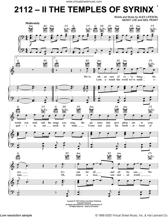 2112 - II. The Temples Of Syrinx sheet music for voice, piano or guitar by Rush, Alex Lifeson, Geddy Lee, Geddy Lee Weinrib and Neil Peart, intermediate skill level