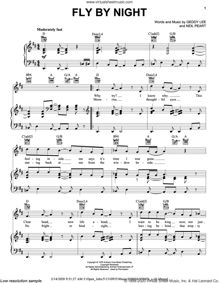 Fly By Night sheet music for voice, piano or guitar by Rush, Geddy Lee and Neil Peart, intermediate skill level