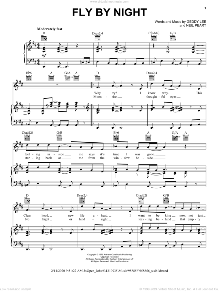 Fly By Night sheet music for voice, piano or guitar by Rush, Geddy Lee and Neil Peart, intermediate skill level
