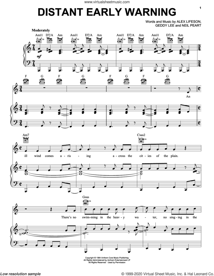 Distant Early Warning sheet music for voice, piano or guitar by Rush, Alex Lifeson, Geddy Lee and Neil Peart, intermediate skill level
