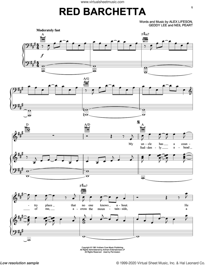 Red Barchetta sheet music for voice, piano or guitar by Rush, Alex Lifeson, Geddy Leeson and Neil Peart, intermediate skill level