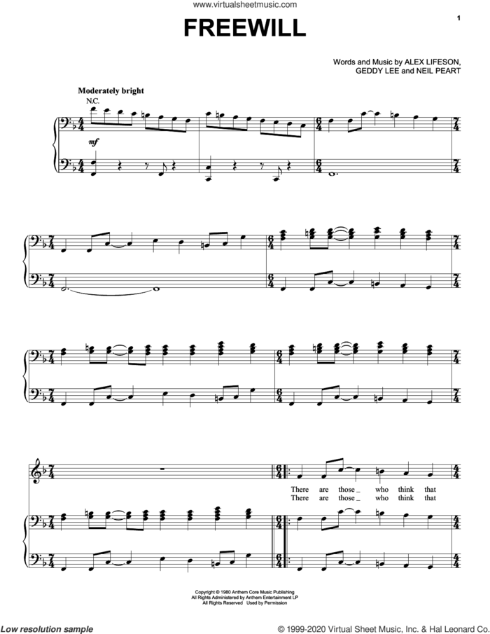 Freewill sheet music for voice, piano or guitar by Rush, Alex Lifeson, Geddy Lee and Neil Peart, intermediate skill level