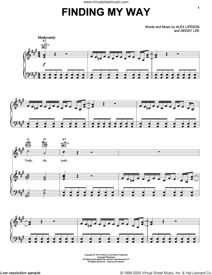 Finding My Way sheet music for voice, piano or guitar by Rush, Alex Lifeson and Geddy Lee, intermediate skill level