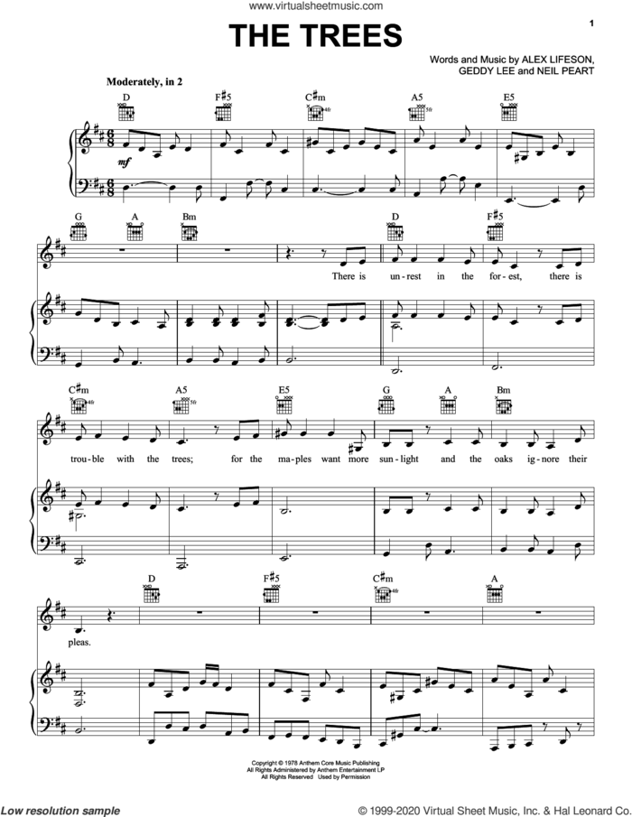 The Trees sheet music for voice, piano or guitar by Rush, Alex Lifeson, Geddy Lee and Neil Peart, intermediate skill level