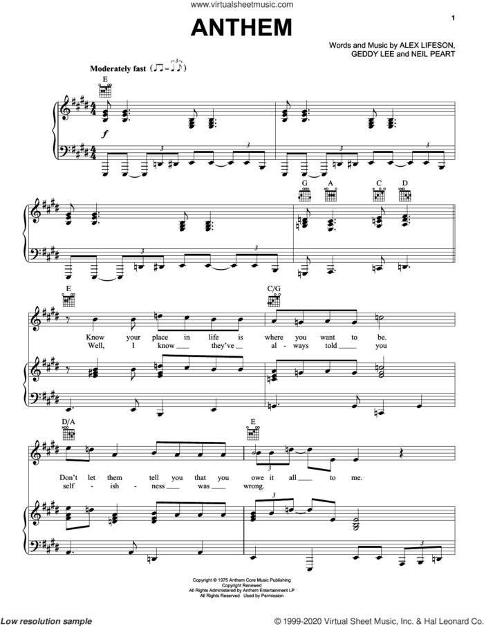 Anthem sheet music for voice, piano or guitar by Rush, Alex Lifeson, Geddy Lee and Neil Peart, intermediate skill level