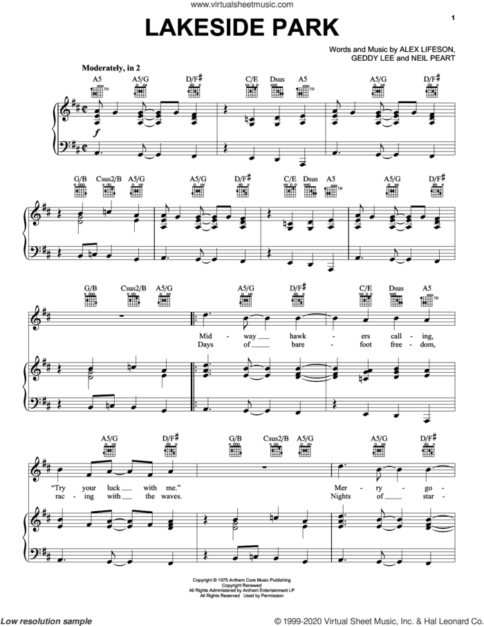 Lakeside Park sheet music for voice, piano or guitar by Rush, Alex Lifeson, Geddy Lee and Neil Peart, intermediate skill level