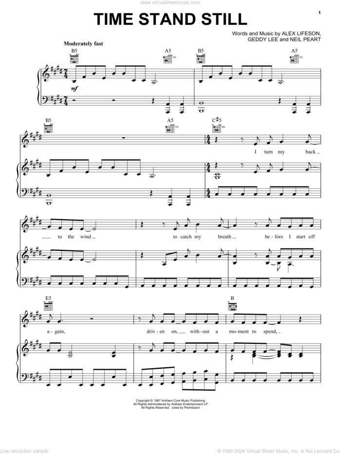 Time Stand Still sheet music for voice, piano or guitar by Rush, Alex Lifeson, Geddy Lee and Neil Peart, intermediate skill level