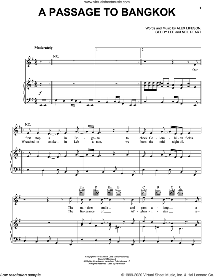 A Passage To Bangkok sheet music for voice, piano or guitar by Rush, Alex Lifeson, Geddy Lee and Neil Peart, intermediate skill level