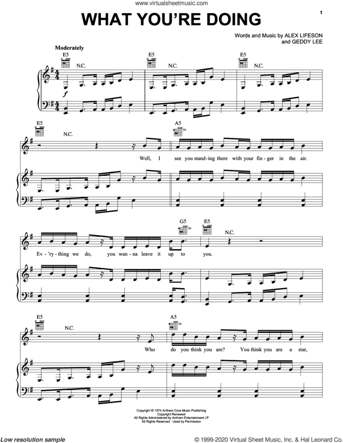 What You're Doing sheet music for voice, piano or guitar by Rush, Alex Lifeson and Geddy Lee, intermediate skill level