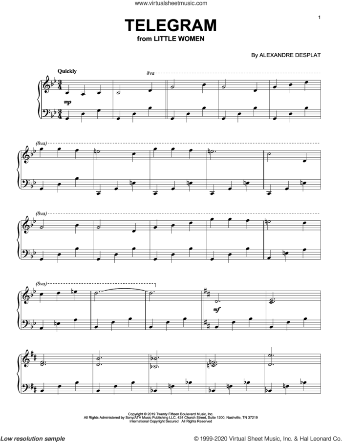 Telegram (from the Motion Picture Little Women) sheet music for piano solo by Alexandre Desplat, intermediate skill level