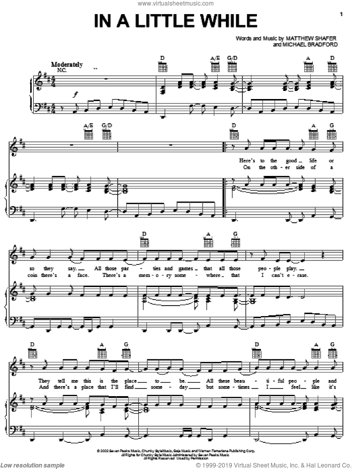 In A Little While sheet music for voice, piano or guitar by Uncle Kracker, Matthew Shafer and Michael Bradford, intermediate skill level