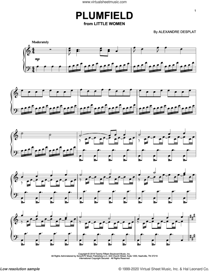 Plumfield (from the Motion Picture Little Women) sheet music for piano solo by Alexandre Desplat, intermediate skill level