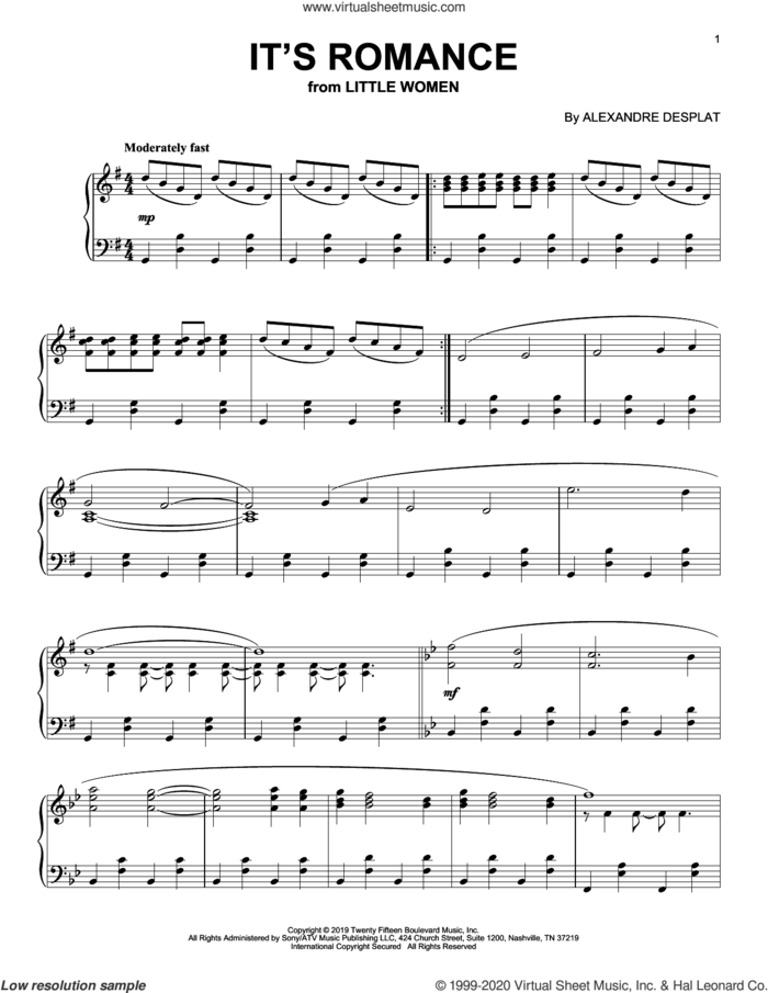 It's Romance (from the Motion Picture Little Women) sheet music for piano solo by Alexandre Desplat, intermediate skill level