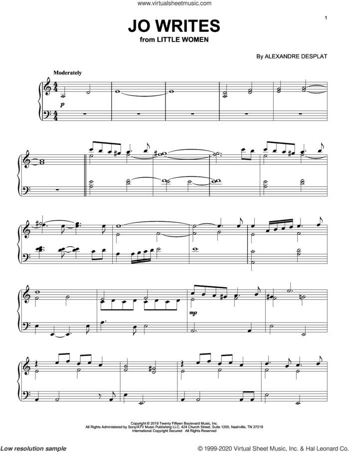 Jo Writes (from the Motion Picture Little Women) sheet music for piano solo by Alexandre Desplat, intermediate skill level