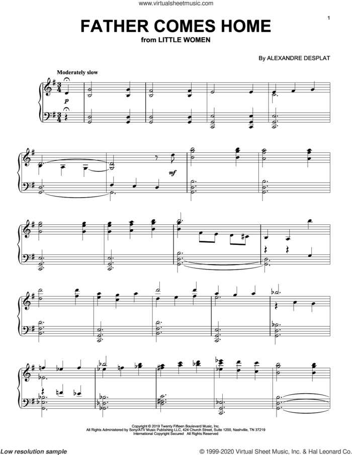 Father Comes Home (from the Motion Picture Little Women) sheet music for piano solo by Alexandre Desplat, intermediate skill level