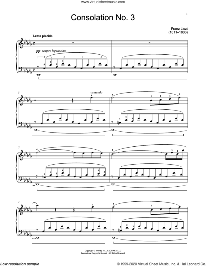 Consolation No. 3 In D-Flat Major sheet music for piano solo (elementary) by Franz Liszt and Jennifer Linn, classical score, beginner piano (elementary)