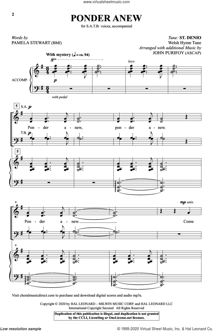 Ponder Anew (arr. John Purifoy) sheet music for choir (SATB: soprano, alto, tenor, bass) by John Purifoy, St. Denio and Pamela Stewart, intermediate skill level