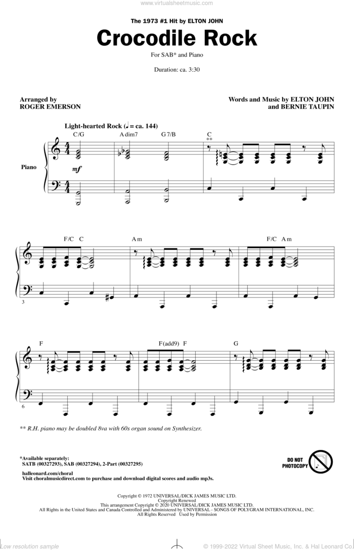 Crocodile Rock (arr. Roger Emerson) sheet music for choir (SAB: soprano, alto, bass) by Elton John, Roger Emerson and Bernie Taupin, intermediate skill level
