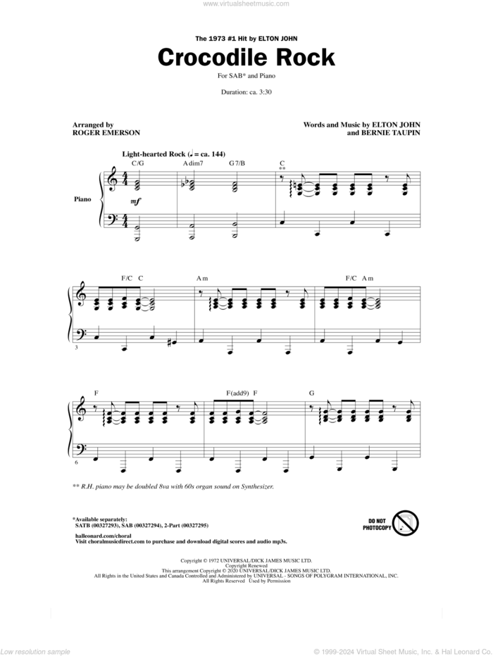 Crocodile Rock (arr. Roger Emerson) sheet music for choir (SAB: soprano, alto, bass) by Elton John, Roger Emerson and Bernie Taupin, intermediate skill level