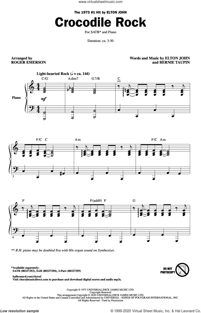 Crocodile Rock (arr. Roger Emerson) sheet music for choir (SATB: soprano, alto, tenor, bass) by Elton John, Roger Emerson and Bernie Taupin, intermediate skill level