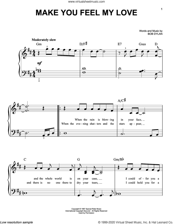 Make You Feel My Love sheet music for piano solo by Adele and Bob Dylan, beginner skill level