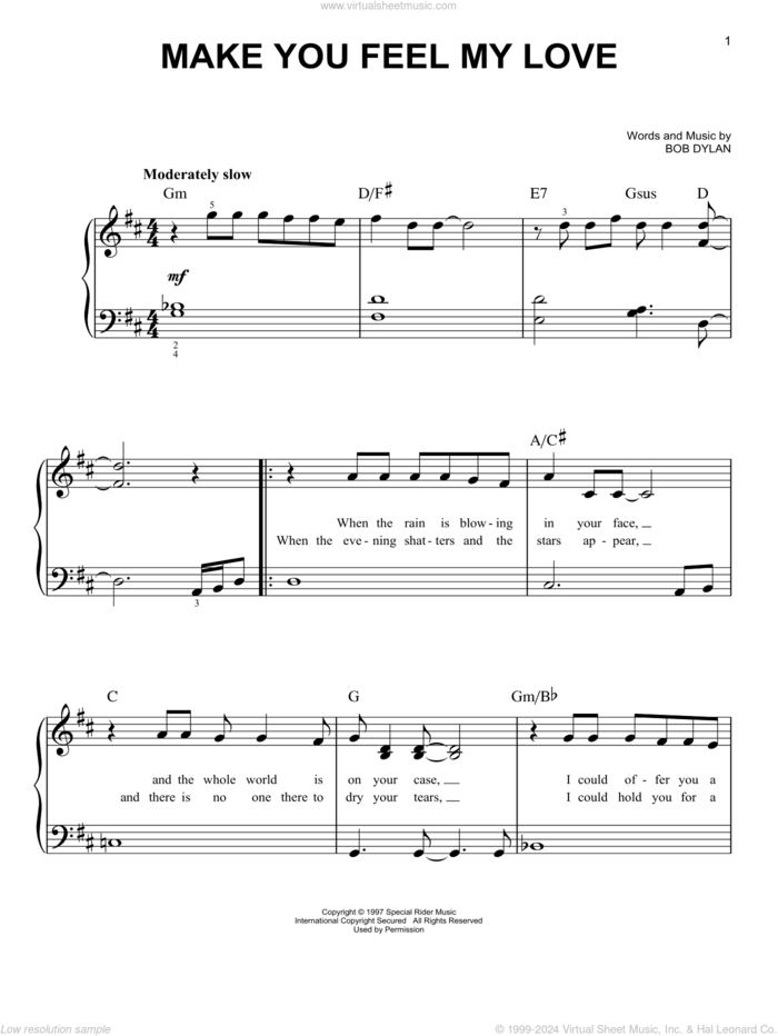 Make You Feel My Love sheet music for piano solo by Adele and Bob Dylan, beginner skill level