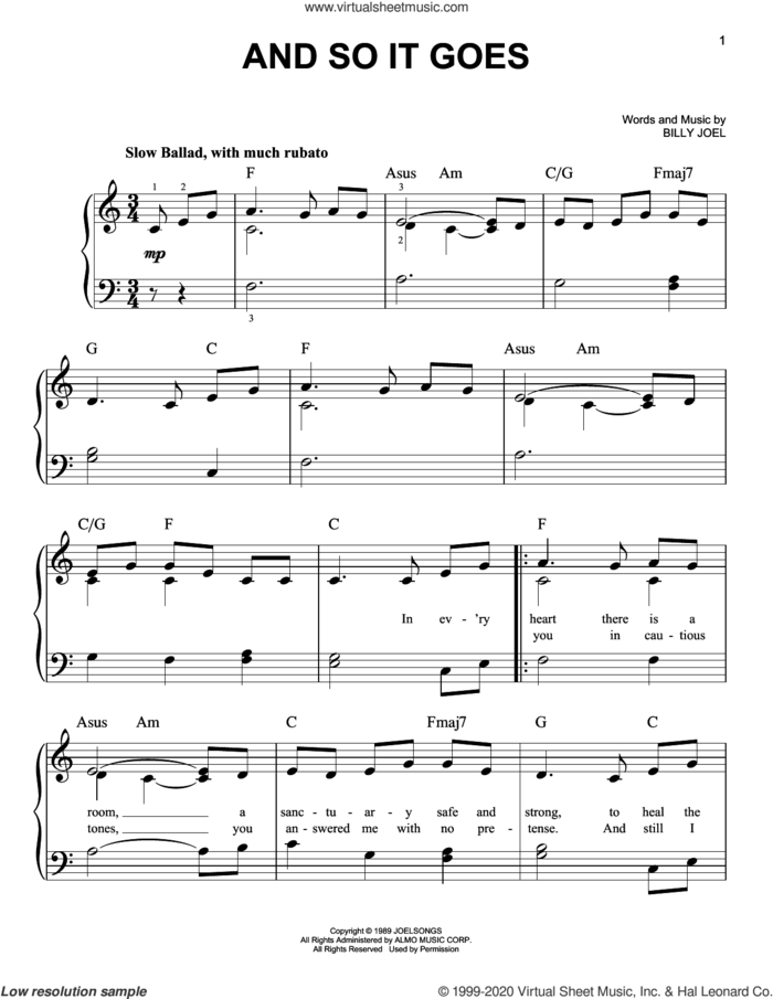 And So It Goes, (beginner) sheet music for piano solo by Billy Joel, beginner skill level