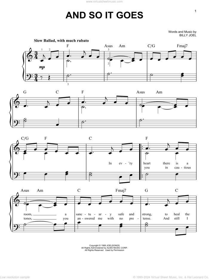 And So It Goes, (beginner) sheet music for piano solo by Billy Joel, beginner skill level