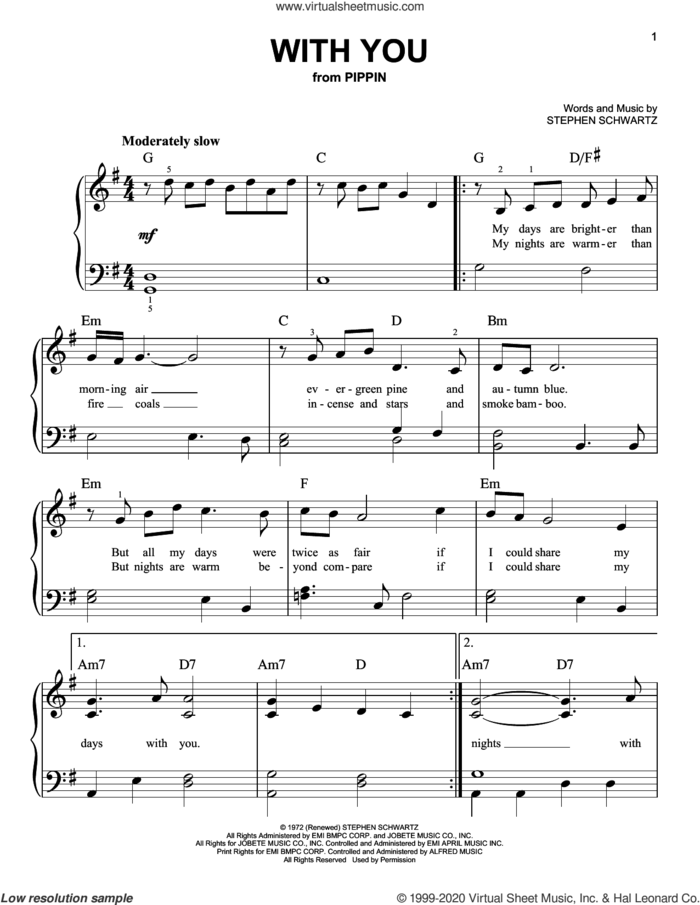 With You (from Pippin) sheet music for piano solo by Stephen Schwartz, beginner skill level