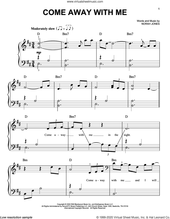 Come Away With Me, (beginner) sheet music for piano solo by Norah Jones, beginner skill level