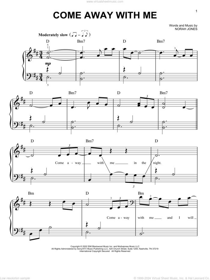 Come Away With Me, (beginner) sheet music for piano solo by Norah Jones, beginner skill level