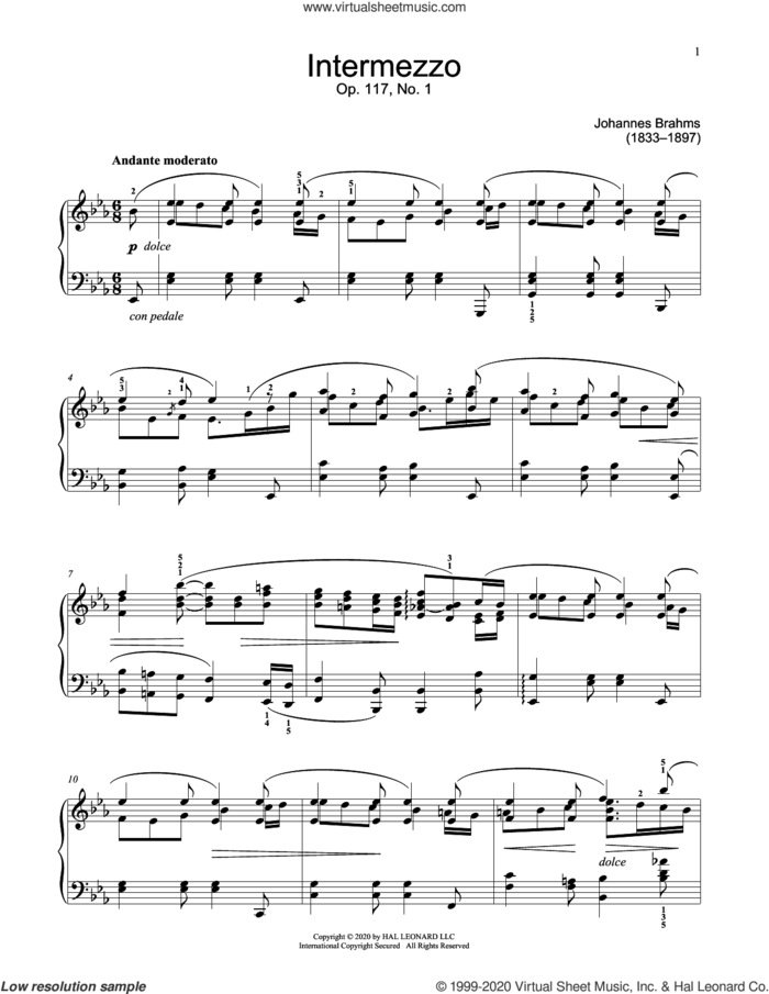 Intermezzo, Op. 117, No. 1 sheet music for piano solo (elementary) by Johannes Brahms and Jennifer Linn, classical score, beginner piano (elementary)